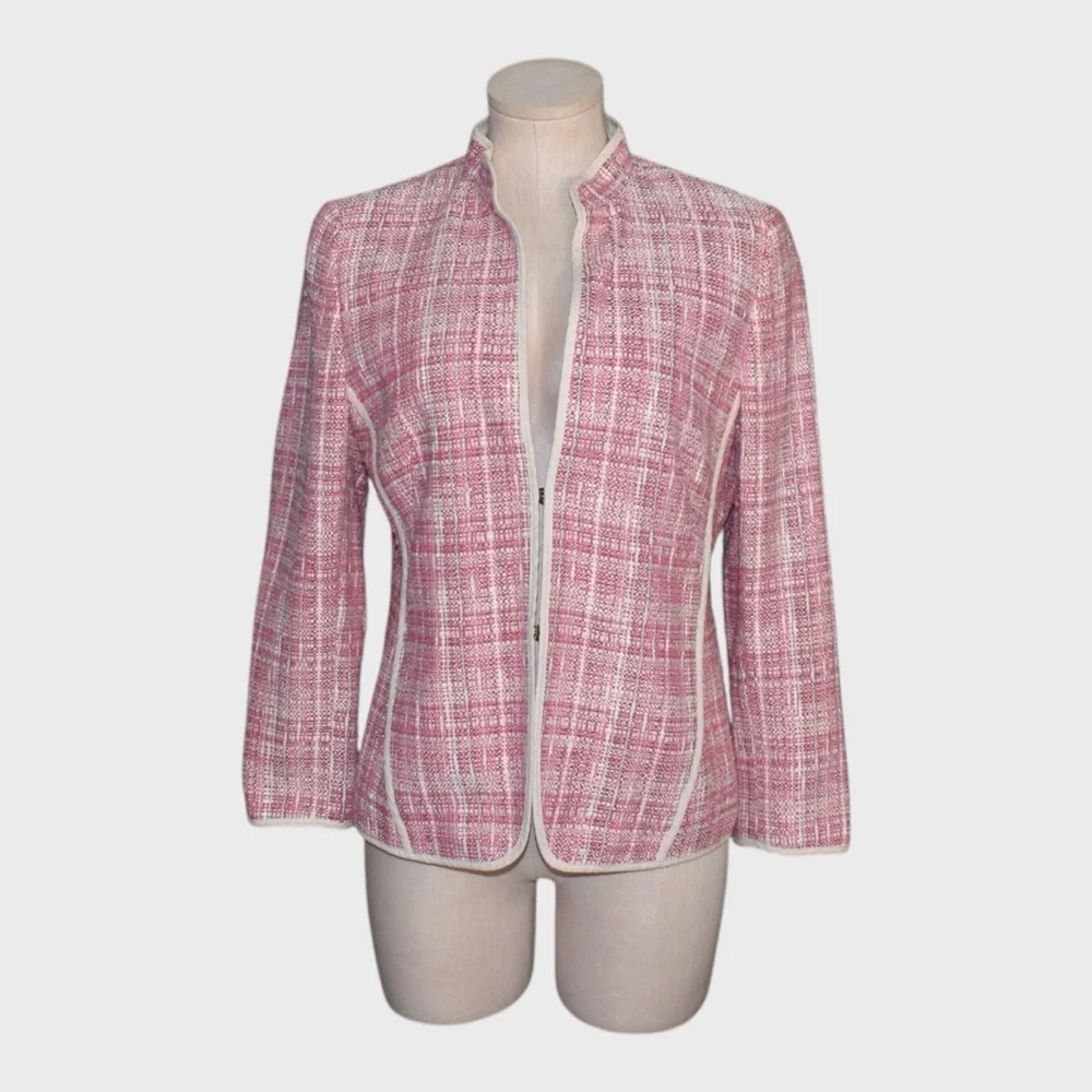 Akris Punto Tweed Knit Jacket Pink White Trimmed Blazer